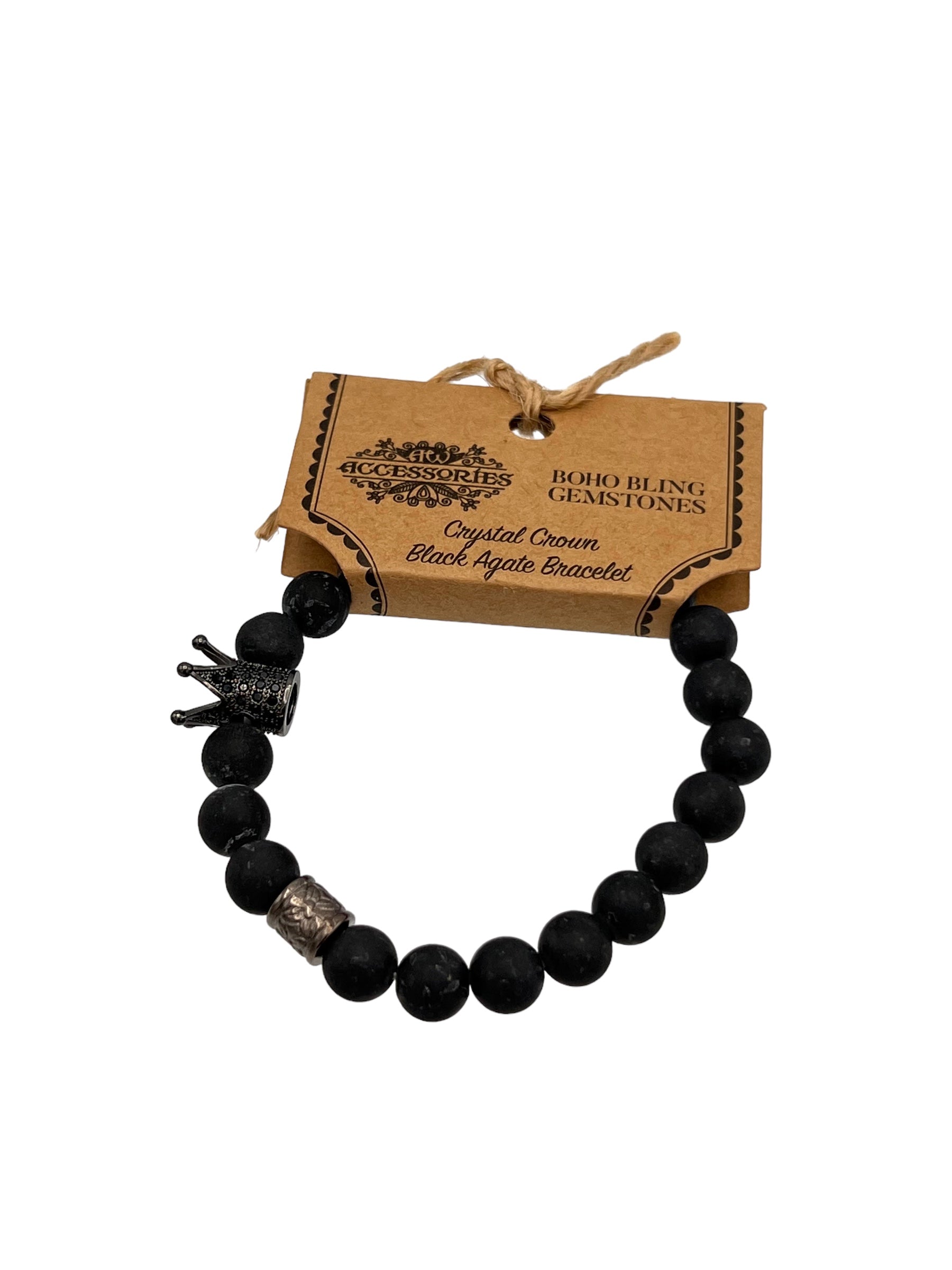 Armband 8mm Svart Agat & Krona