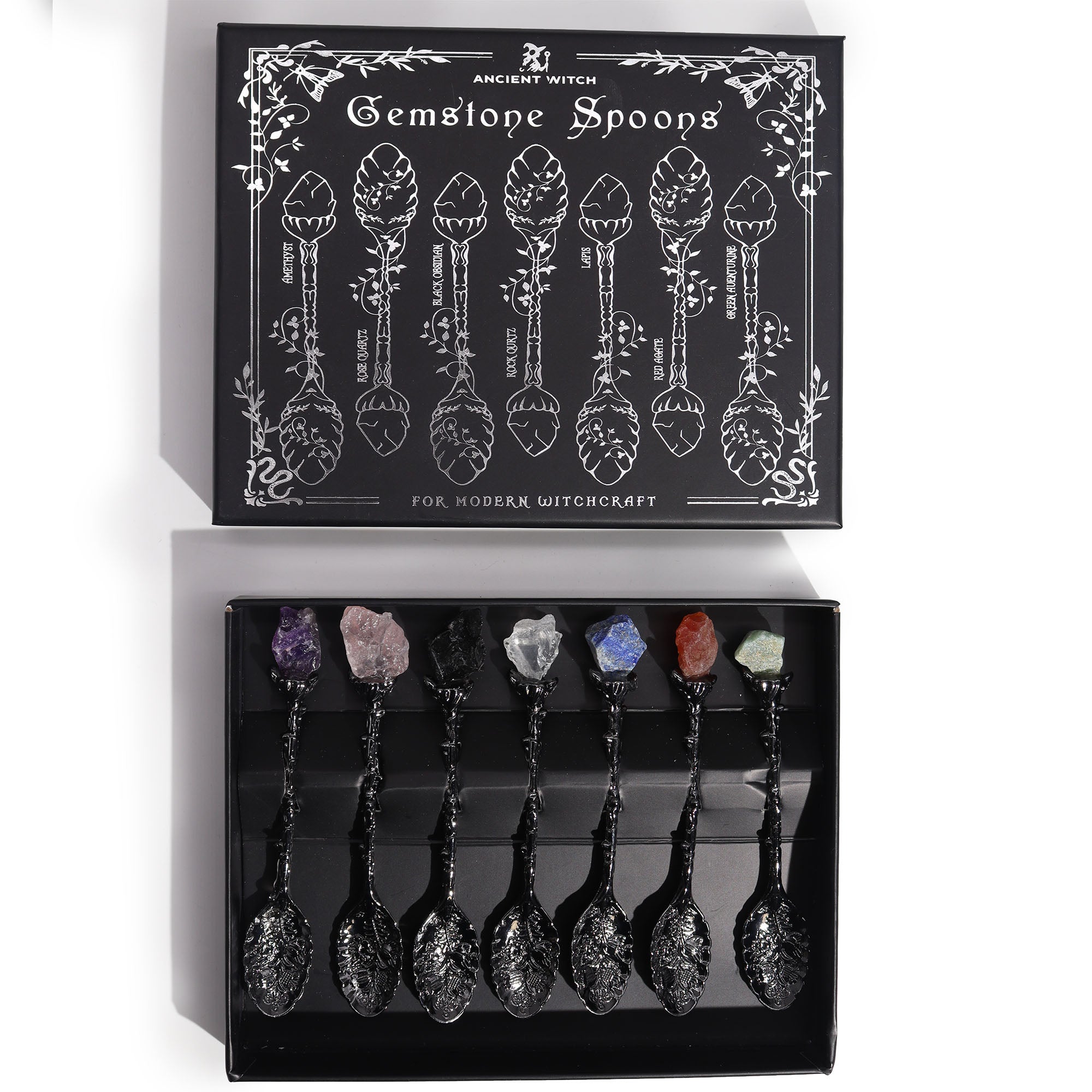 Dark Silver Gemstone Crystal Witch Spoons