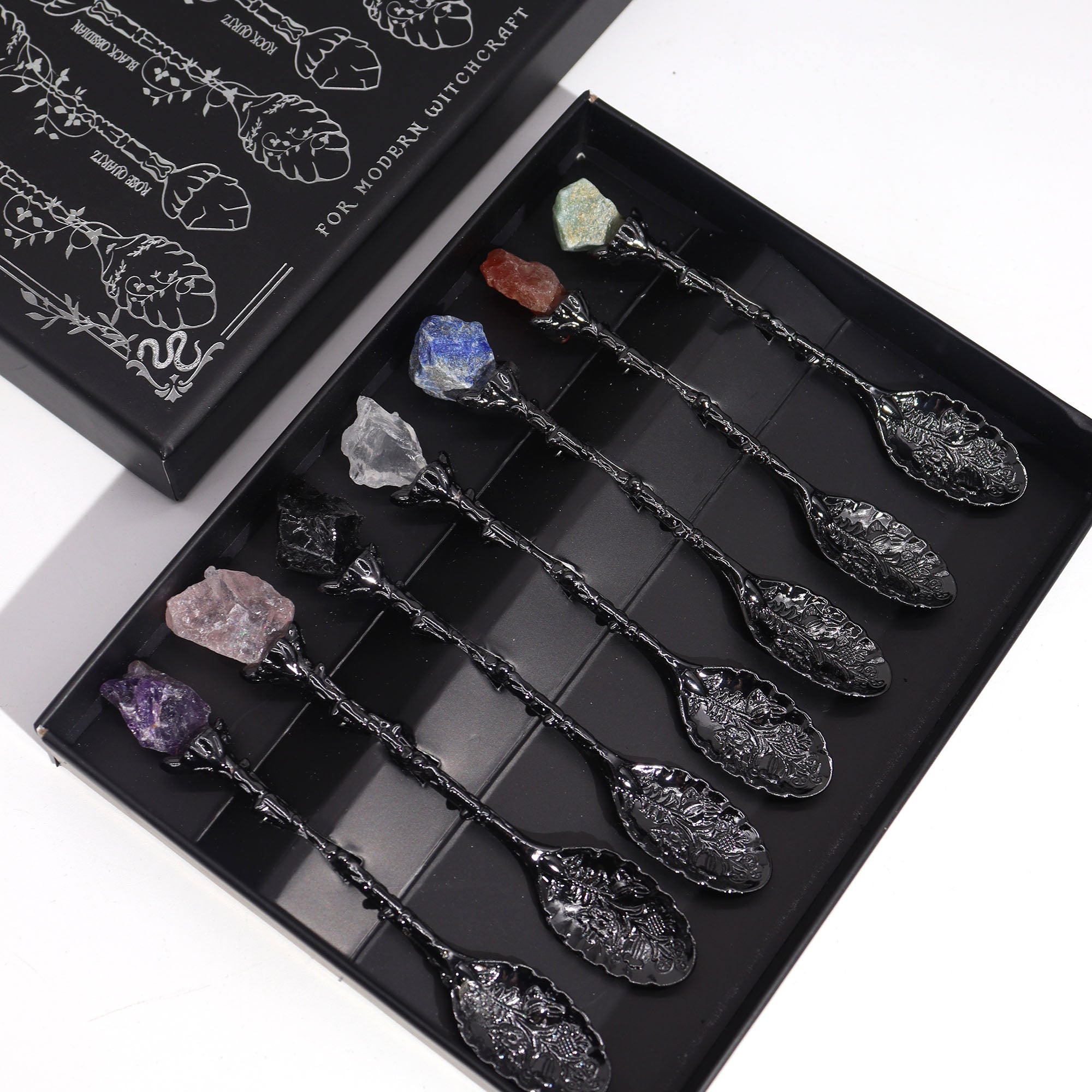 Dark Silver Gemstone Crystal Witch Spoons