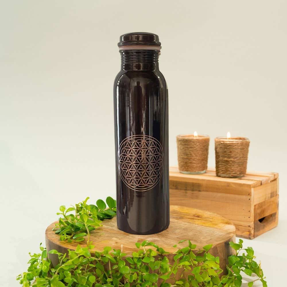 Vattenflaska i ren koppar med livets blomma, antik, ± 950 ml (320