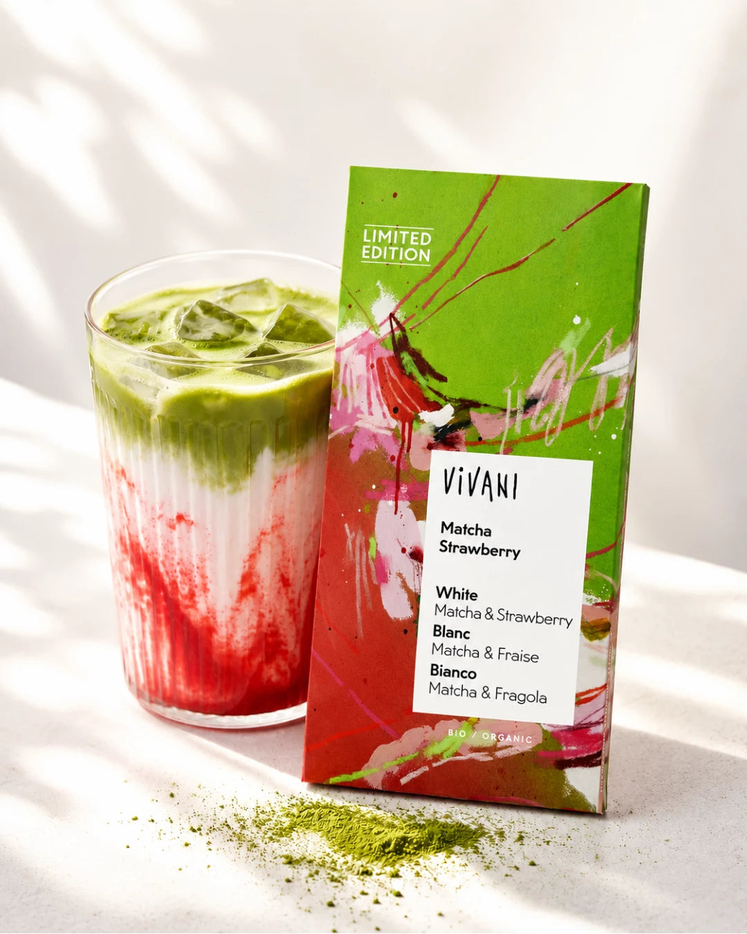 Vivani ekologisk matcha-jordgubbevit choklad 80g