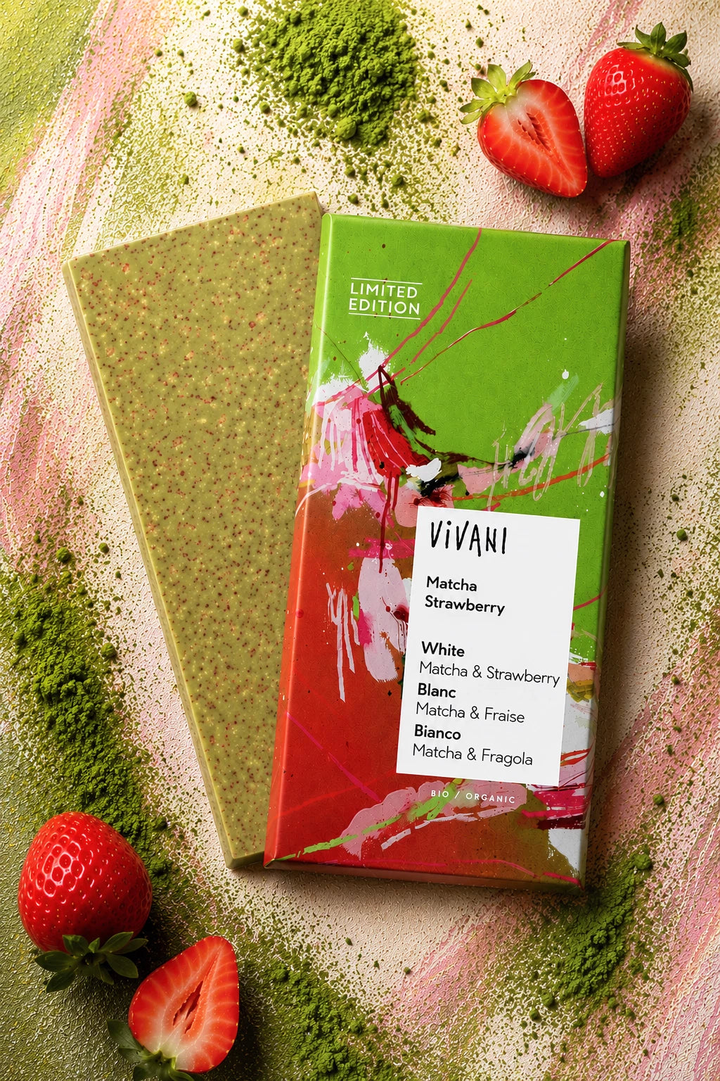 Vivani ekologisk matcha-jordgubbevit choklad 80g