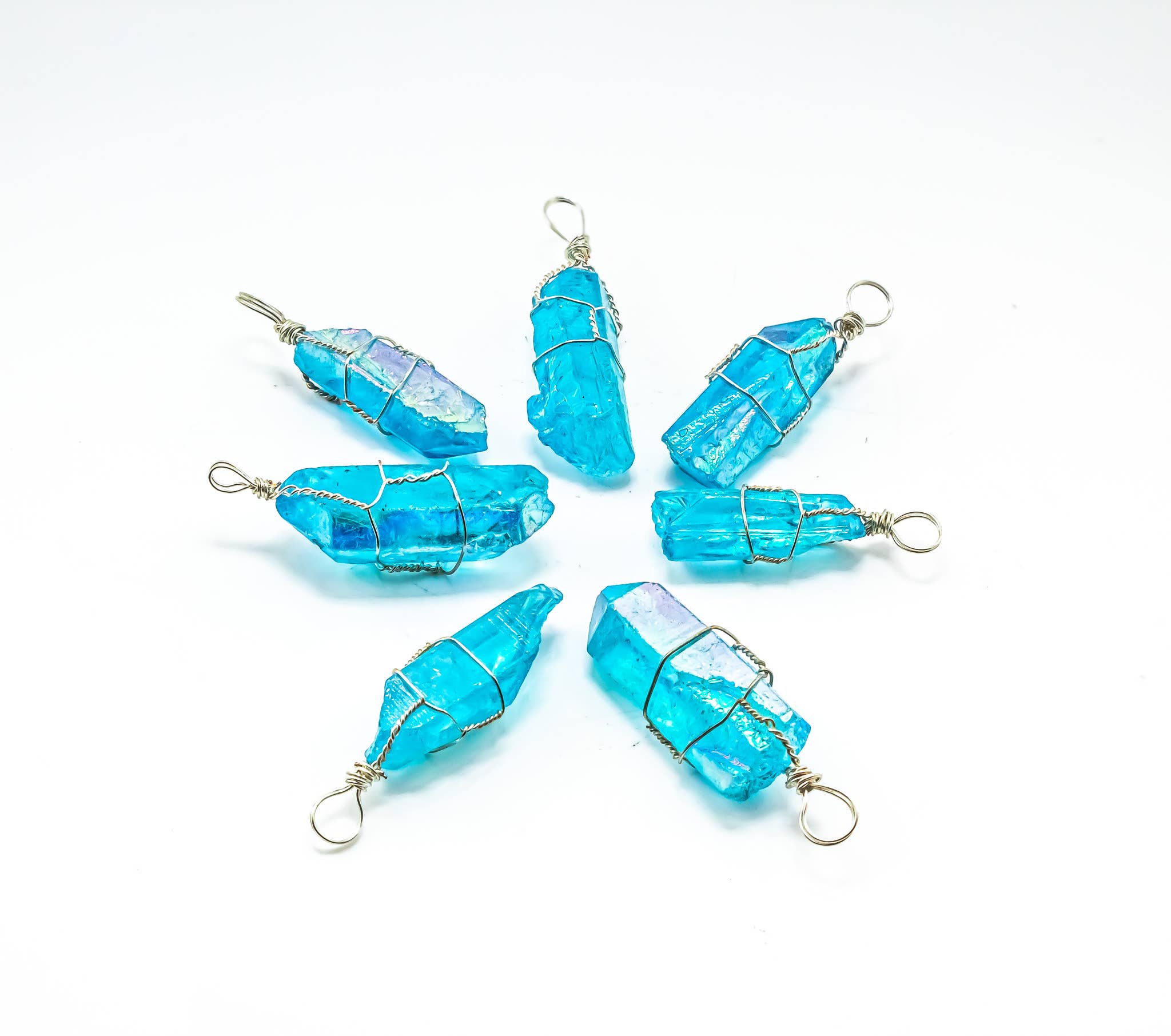 Rainbow Aura Lemurian Quartz Wrapped Pendant Necklaces