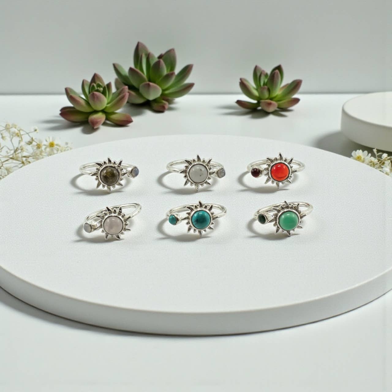 Naturstensringset (6 st) – justerbara solringsringar