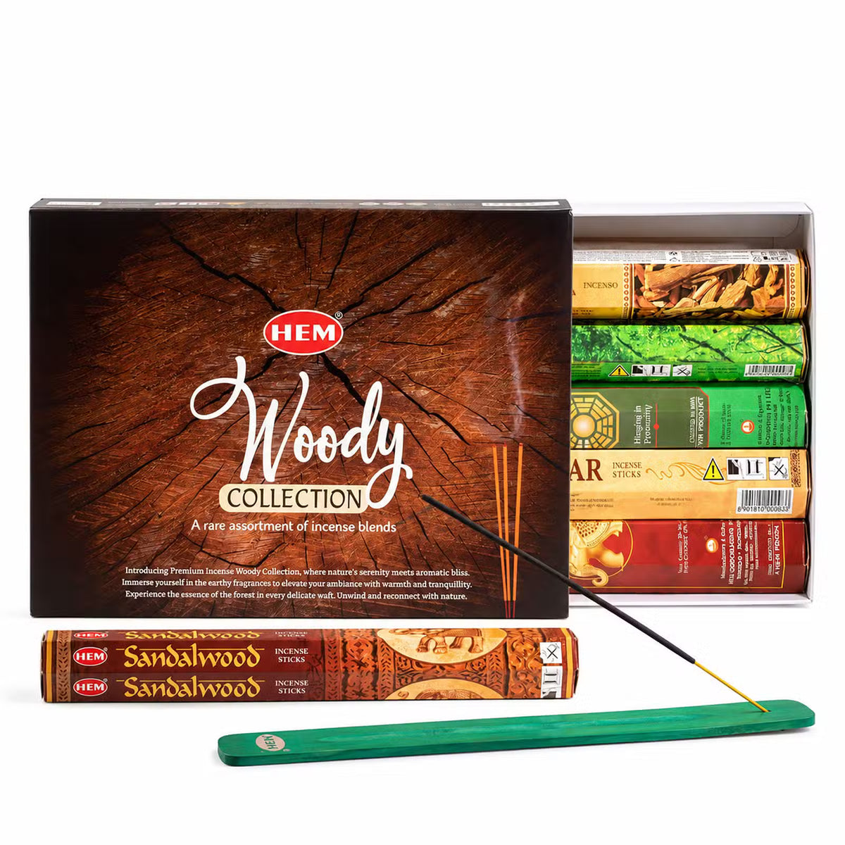HEM Woody Collection rökelsepresentset – 6 dofter + rökelsehållare