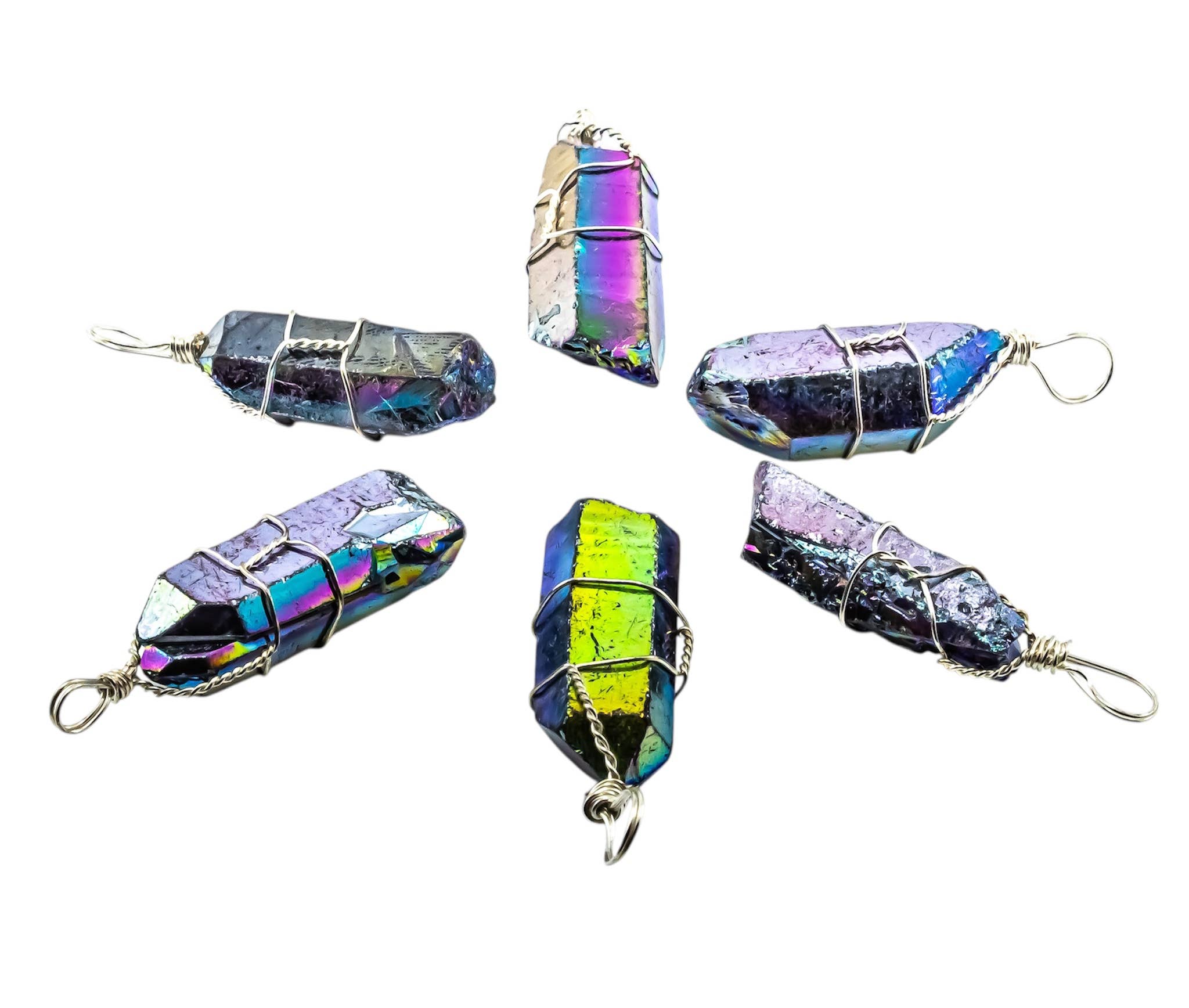 Rainbow Aura Lemurian Quartz Wrapped Pendant Necklaces